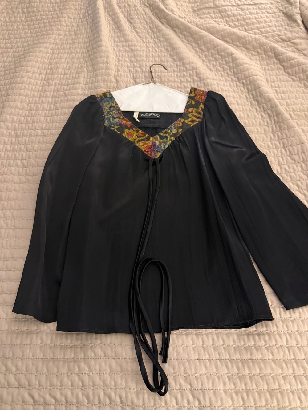 Black Peasant Tie-Neck Top with Embroidered V-Neck